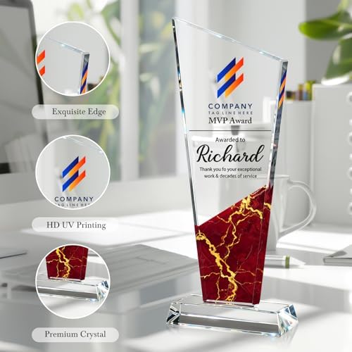 Personalized Crystal Trophy Award - Custom Plaque Award with Text Logo Photo - Employee Recognition Awards and Trophies - Corporate, Sports, Academic Events, Retirement, Thank You Gifts (Dark Red) - 3