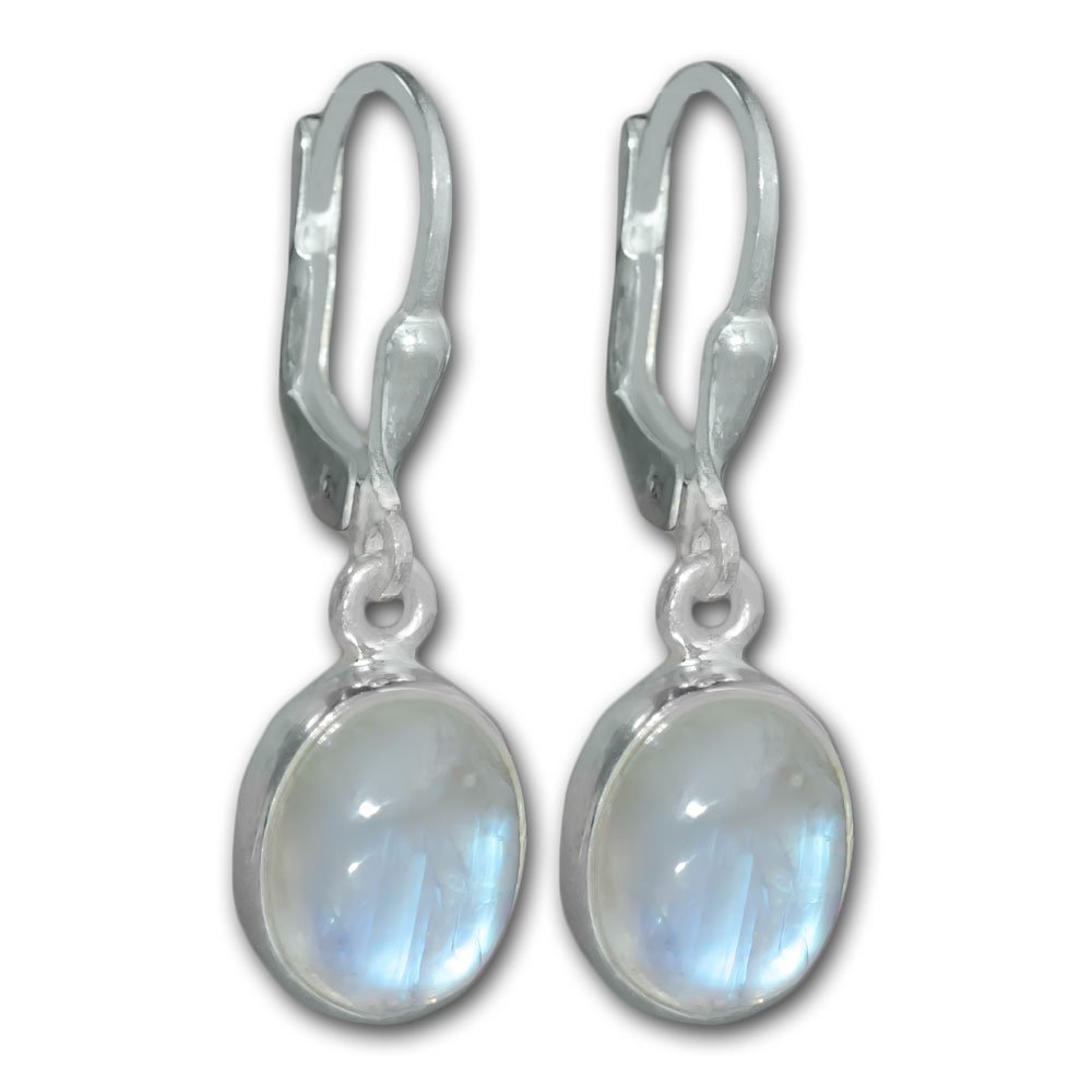 I-be Orecchini ovali in argento Sterling 925 con pietra di luna con effetto arcobaleno, dimensioni 8 x 10 mm, lunghezza 3 cm, dotati di custodia regalo, 397912 K KB