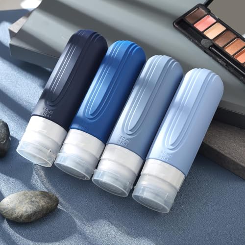 Kit 4 Frascos Potes Silicone Viagem 90ml Aprovado TSA Creme Shampoo Condicionador (Tons de Azul)