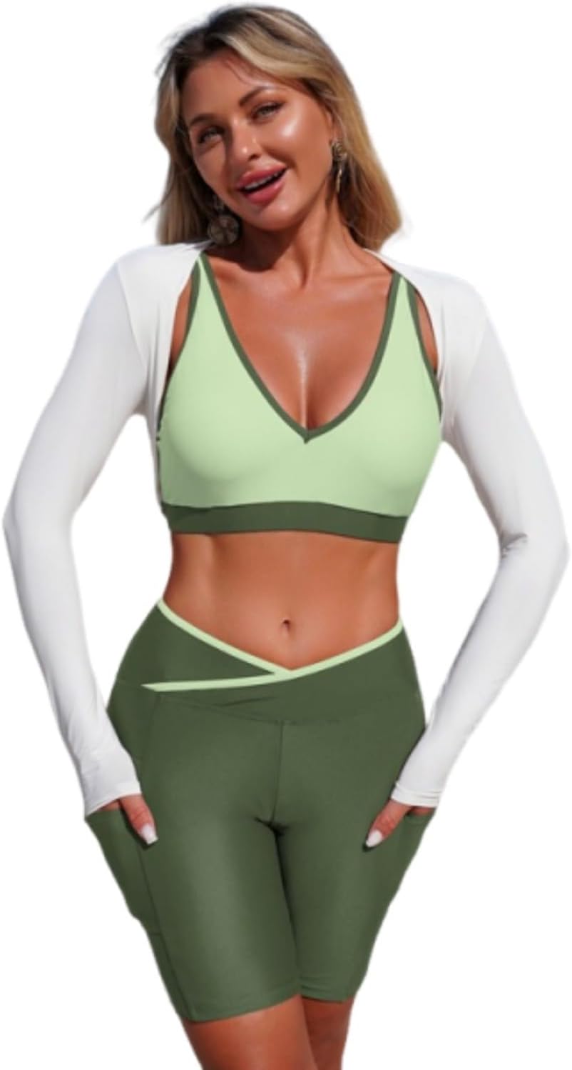 Three Piece Women Crop Top Long Sleeve Bolero Shrug Workout Tops Open Front Crop with Crossover Shorts