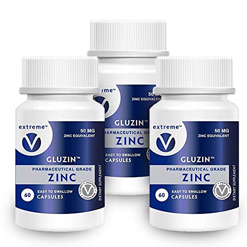 Gluzin OTC ZINC Made in The USA - Pharmaceutical Grade Zinc, 50mg, (3 Bottles - 180 Vegetarian Capsules)