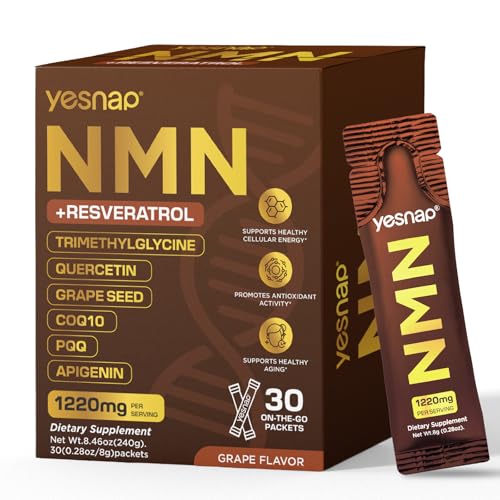 Yesnap NMN Liquid Supplement NAD+ 7-in-1 Support with Aging-Supportive Resveratrol TMG Quercetin CoQ10 Grapeseed PQQ Apigenin Cellular Energy & NAD Levels 30 On-The-Go Packets Grape Flavor