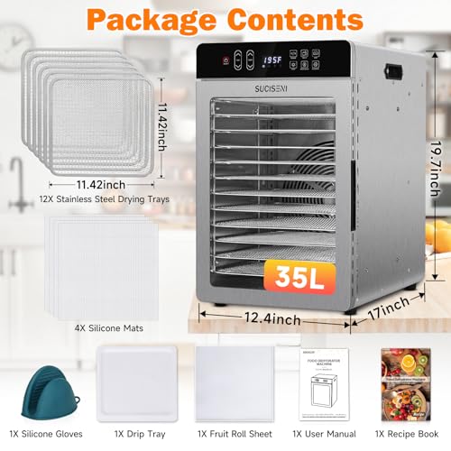 Image of SUCISENI Food Dehydrator Machine for Jerky 11ft, 12 Trays 1000W Stainless Steel Dehydrator with 24H Timer 195℉ Temperature Control, Food Dryer Dehydrated for Meat, Fruits, Veggies, Dog Treats