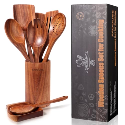 Ustensiles de Cuisine en Bois de Teck 9 Pièces, Ensemble Premium avec Cuillères, Spatule et Support, Naturels, Résistants à la Chaleur et Anti-Rayures,...