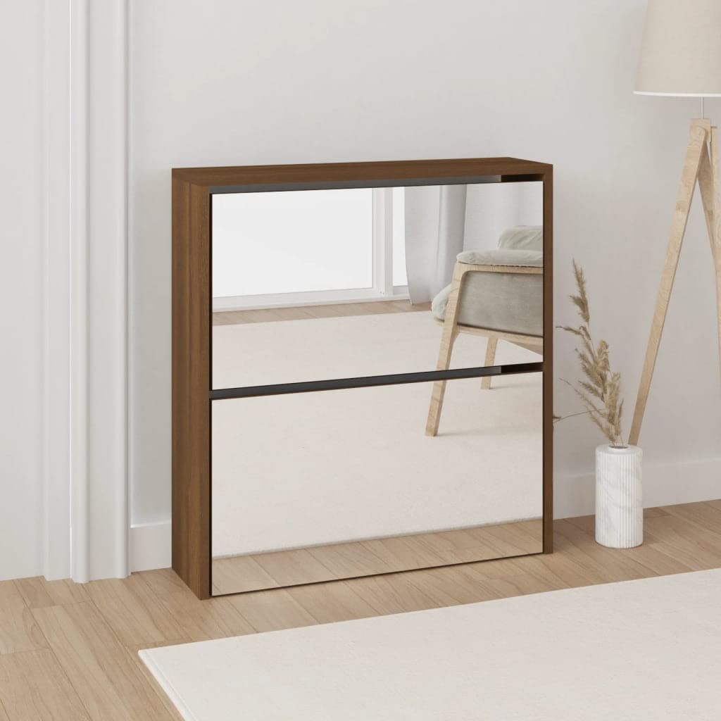 2-poziomowa szafka na buty z lustrem dębowym brązowym 63 x 17 x 67 cm, szafka na buty z szufladami z klapką, organizacja obuwia, nowoczesny design do przedpokoju
