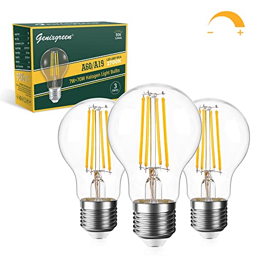 Genixgreen Blanc Chaud Ampoule LED E27, Vintage LED Filament Blanc Chaud 2700K Lampe à économie d'énergie A60 A19 7W (équivalent à 70W), 806 Lumens, Verre ambré, Pack de 3 Cover