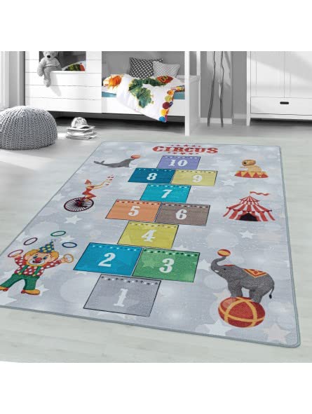 Puresimo Kurzflor Kinderteppich Spielteppich Kinderzimmer Teppich Zirkus Clown Löwe Blau - Größe...