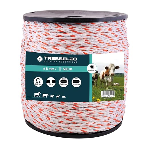 TRESSELEC - Corde diamètre 6mm - Clôture électrique pour animaux (vache, chèvre, mouton, cheval) - Bobine de 500m - 5 fils inox diamètre 0,20mm et 1 fil...