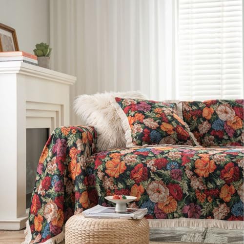 ソファカバー ヴィンテージ ソファーカバー マルチカバー 2人掛け用 3人掛け用 アメリカントラッド 汚れ防止 肘掛け 花柄 ラグ バスマット 肌に優しい 柔らかい かけるだけ アジアン モチーフ 洗濯 黒花 180-300