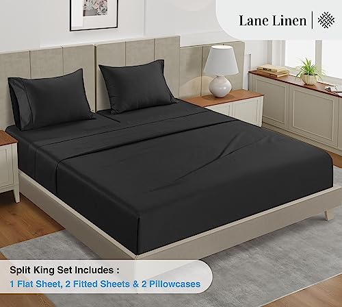 Image of LANE LINEN Split King Sheet Sets for Adjustable Beds - 5 PCs, 450 Thread Count Split King Sheets Set - Sateen Weave King Split Sheets - Split Top King Sheets Set for Adjustable Bed - Black