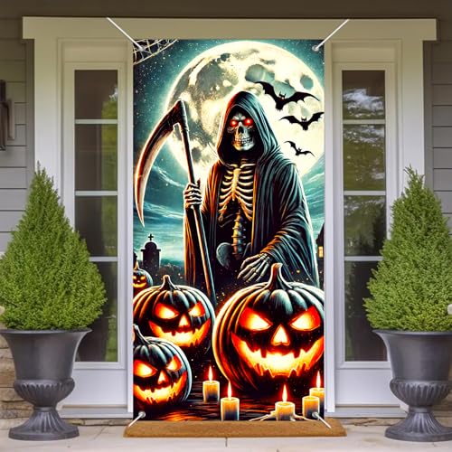 Image of BlissYard Halloween Door Cover Grim Reaper Bats 35x71 Inch Polyester | Door Banner, Wall Hanging | Grim Reaper Entry Decor, Bats Party Backdrop | Porch, Hallway, Photo Area (Gothic Art)