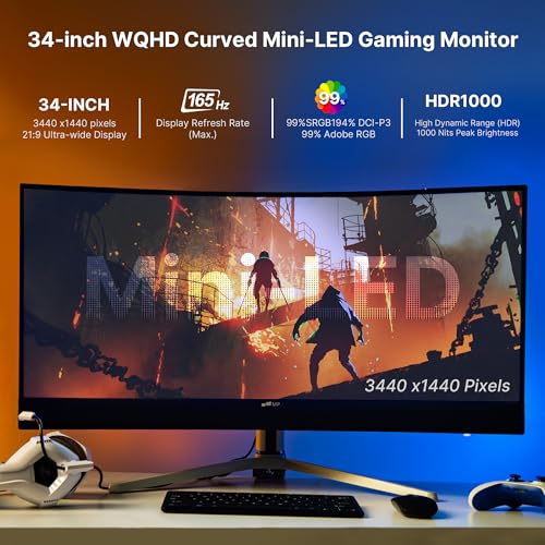 Image of MP Mobile Pixels 34 inch Mini-LED Curved Gaming Monitor, DQHD 3440x1440 165Hz 1ms, HDR1000, 99% sRGB /Adobe RGB, 90W USB-C, FreeSync Premium, Built-in Speakers
