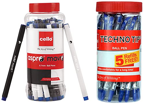 Image of Cello Aspro Mavro Ball Pen | Black Ball Pen | Pack of 50 Technotip Ball Pen | Blue Ball Pens | Jar of 25 Units