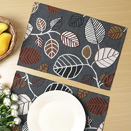 Image of HOKIPO Cotton Jacquard Placemats with Table Runner for Dining Table 6 Seater (IN530-D5*6+IN531) Grey,6 Placemats + 72 Inch Runner, Large
