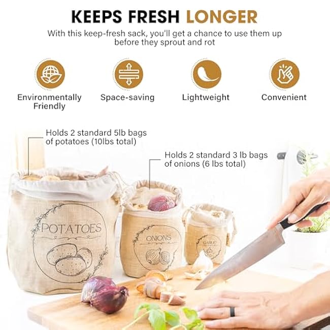 Potato Storage Bag | Natural Jute Potato Onion Garlic Storage Set for Pantry | Breathable & Fresh Onion Potato Storage | Easy to Clean Potato and Onion Storage Bag | Air Flow, Light Blocking