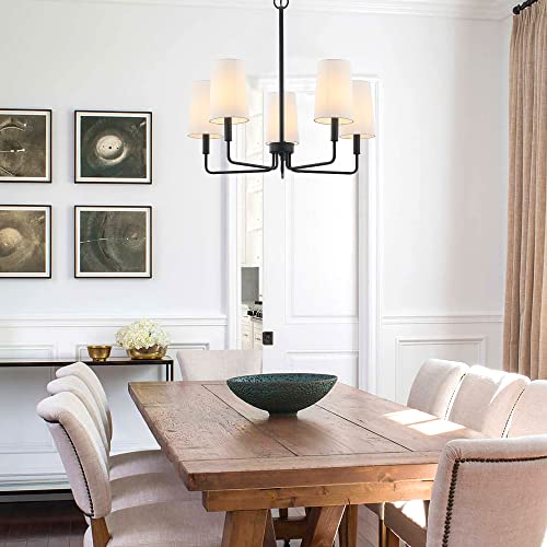 Homebelife Chandelier, Matte Black with White Fabric Shade, Farmhouse Linear Island Lighting Fixture for Kitchen, Dining Room (5-Light Matte Black with Fabric Shades) - Image 3