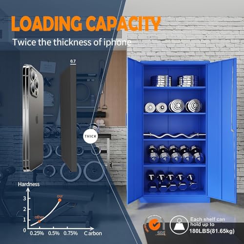 Image of Yizosh Metal Garage Storage Cabinet with 2 Doors and 5 Adjustable Shelves - 71 inch Steel Lockable File Cabinet,Locking Tool Cabinets for Office,Home,Garage,Gym,School (Blue)