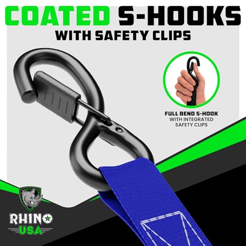 Image of Rhino USA Ratchet Straps Tie Downs (4-Pack) - 1 Inch x 15 Feet (1,823lb Break Strength) - Ultimate Tie Down Straps with Safety S Hooks - for Trucks, Cargo, Moving, Appliances - Blue