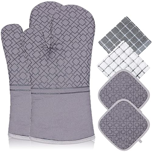 Ofenhandschuhe, Handschuhe Hitzebeständige Topflappen, Topfhandschuhe Silikon Anti-Rutsch Design mit 2Pcs Handtuch und Topflappen für Kochen, Backen, Grillen, Grau Cover