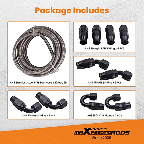 Image of maXpeedingrods 8AN Fuel Line Kit E85, Stainless Steel PTFE Fuel Hoses + 10 PCS 8AN Hose End Adaptor Kit 20FT -Black