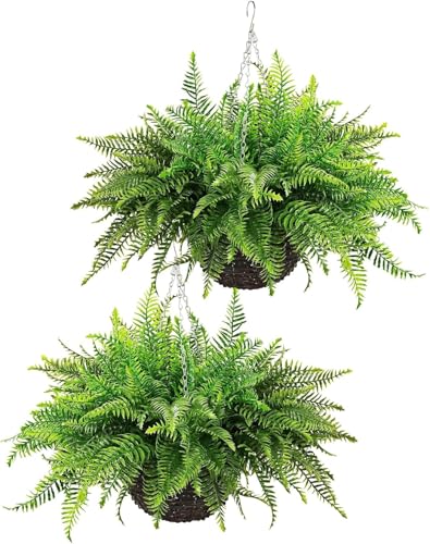 Photo 1 of QIANYUN Fake Fern Outdoor Artificial Plants-2-Pack Artificial Outdoor Hanging Fern Faux Greenery UV Resistant Plastic Plants for Front Porch Living Room Garden Decor- Including Hanging Planters