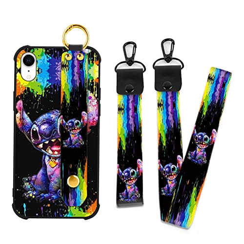 Cuwana Cartoon Case For Iphone Xr Case 6.1 Inch Cute Colorful Stitch Cartoon Character Design With Lanyard Wrist Strap Band Holder Shockproof Protection Bumper Kickstand Cover #TOP5