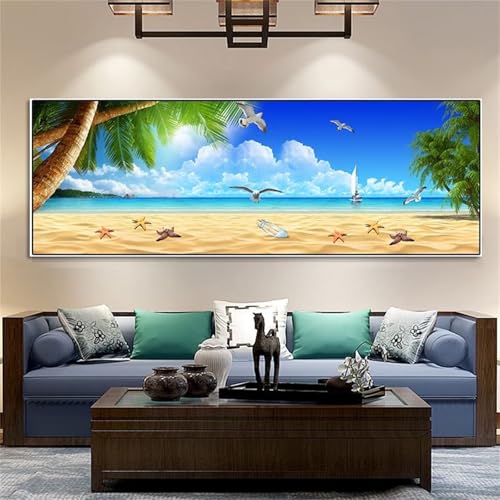 Diamant painting plage bleue grand format 50x100cm pour point de croix et kit décoration murale