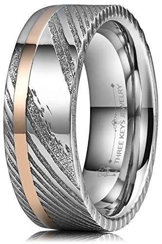 THREE KEYS JEWELRY Nature Damascus Steel Mens 8mm Silver and Rose Gold Wedding Band Ring Brushed for Men Inlay Engrave Engagement Size 8