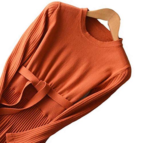 Image of Women's Long Knit Crewneck Sweater Dress Tie Waist A-Line Swing Pleated Bodycon