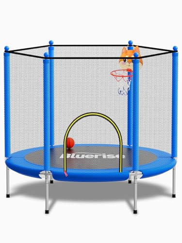 BLUERISE 55IN Toddler Trampoline for Kids Indoor Play for Kids Trampoline Basketball Hoop Attachment with Enclosure Net Easy to Assemble Recreational Trampoline Blue
