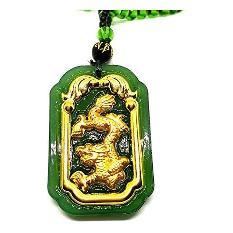 yigedan Chinese Hand-Carved Green Natural Jade Dragon Lucky Pendant Beads Necklace Cover