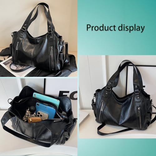 Bolso Hobo de cuero grande para mujer, negro miniatura 6