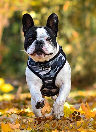 Hundegeschirr Französische Bulldogge Brustgeschirr Softgeschirr French Bully weich gepolstert verstellbar Camouflage schwarz-grau Mesh