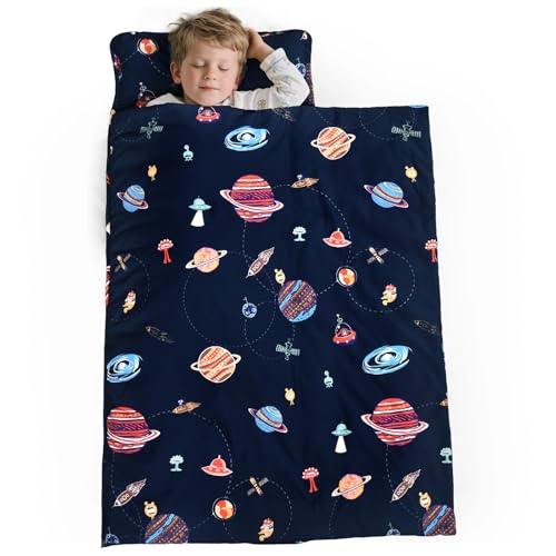 Image of PHF Soft Toddler Nap Mat with Removable Pillow, Rollup Design Kids Sleeping Mat, Slumber Bags for Boys, 50 inchx20 inch Toddler Sleeping Bag for Daycare Preschool Travel Camping, Space