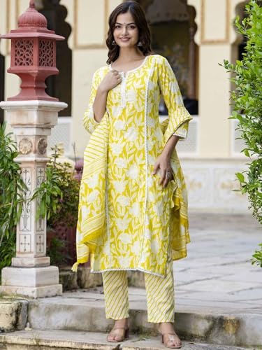 Image of PARTHVI Women Straight Floral Printed Kurta and Pant Set with Dupatta | Ethnic Set | Dupatta Set | Suit Set | Kurta Set | Wedding Suit Set