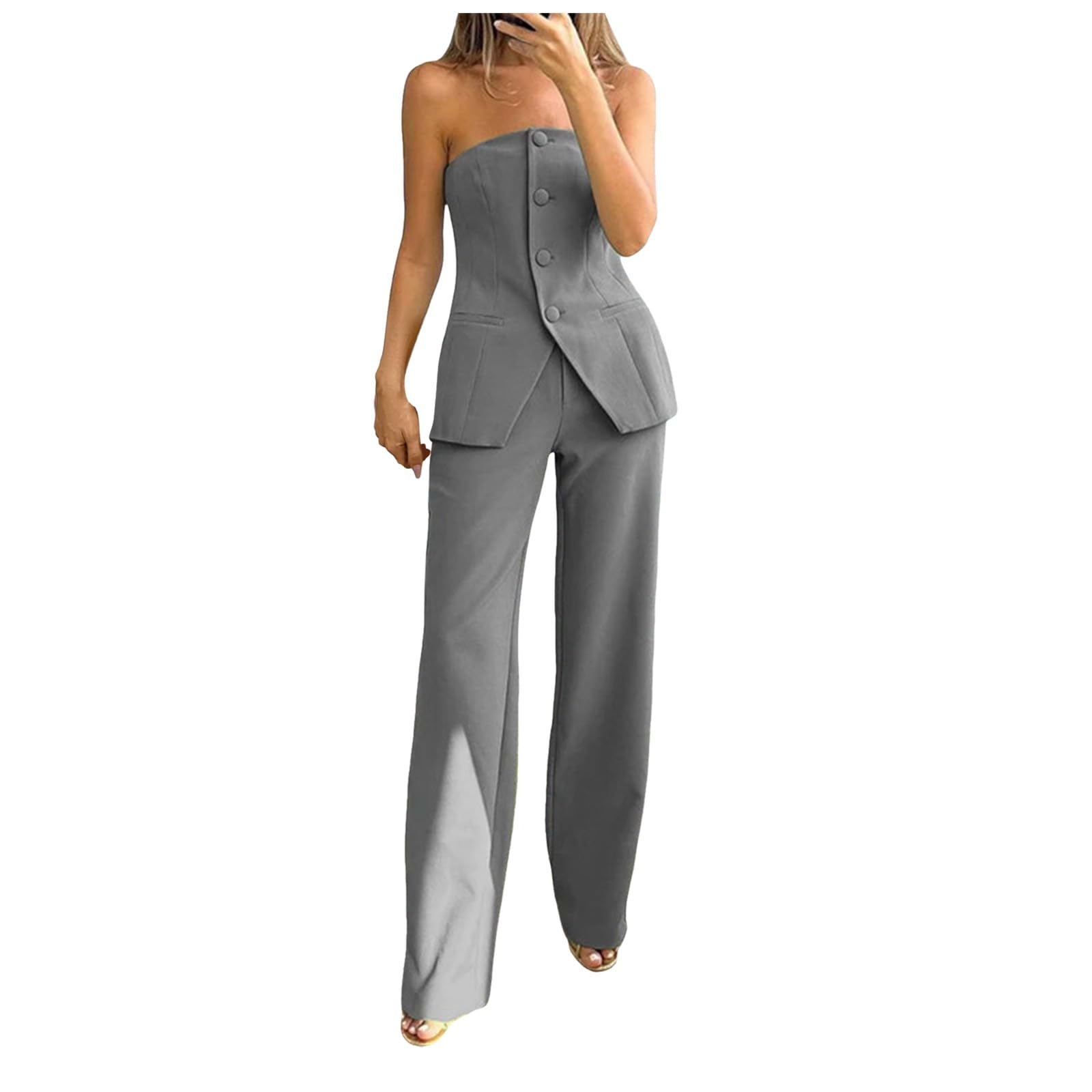 Ensemble 2 Pièces Femme Élégant - Blazer Sans Manches + Pantalon Large - Tenue Chic Pour Soirée