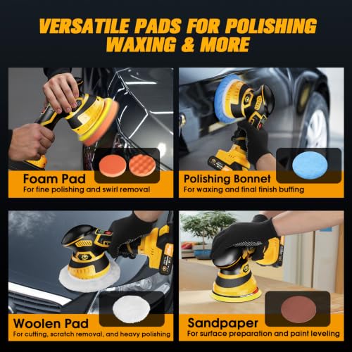 Image of Cordless Car Buffer Polisher kit, DA Polisher with 2 Batteries | 2x 21V 4000mAh Batteries, 6-speed, LED Display, Random Orbital, 18 pcs Assorted Polishing Pads for Car Detailing-Yellow