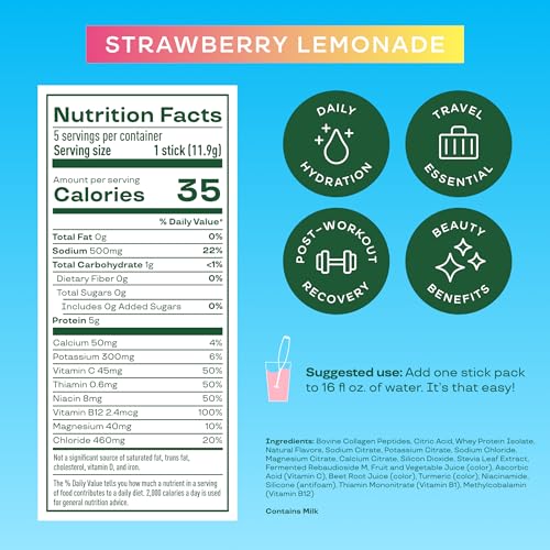 Image of Bloom Daily Hydration Electrolyte Powder Packets with Collagen, 5g Protein, Electrolytes, Vitamins & Minerals, Sugar Free Drink Mix, Strawberry Lemonade, 5 Count (Pack of 2)