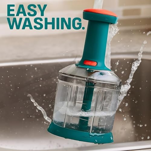 Image of YOUONE Push Chopper, 1000ml Capacity, Stainless Steel Blade, Transparent Container with Lock System, Green (Blue)