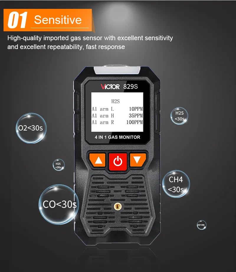 VICTOR 829S Compound Gas Monitor Combustible Gas (LEL) Oxygen (O2) Hydrogen Sulfide (H2S) Carbon Monoxide (CO) Gas Detector(VICTOR 829S)