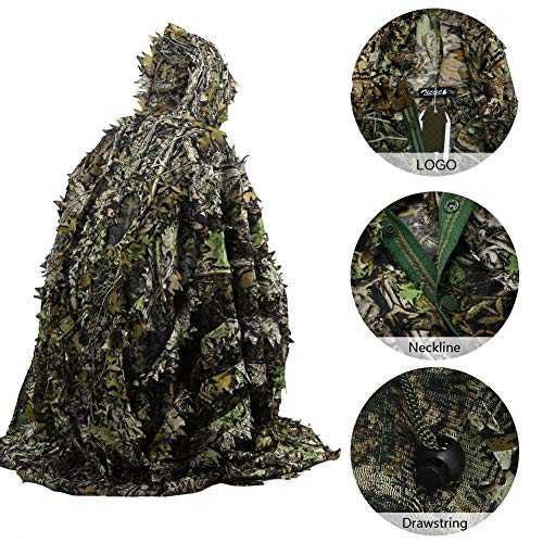 Image of Zicac Outdoor Ghillie Suit 3d Leafy Camo Poncho for Men Hunting Bird Watch Military CS Woodland Hoodie Camouflage Cloak
