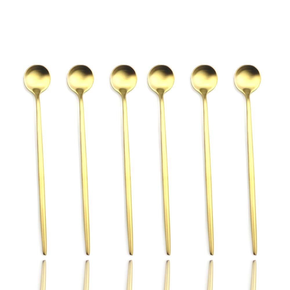 JASHII 6 Pieces Matte Gold 304 Stainless Steel Long Handle Spoon Set Modern Cutlery Tableware Set for Home, Kitchen, Party Gift for Christmas