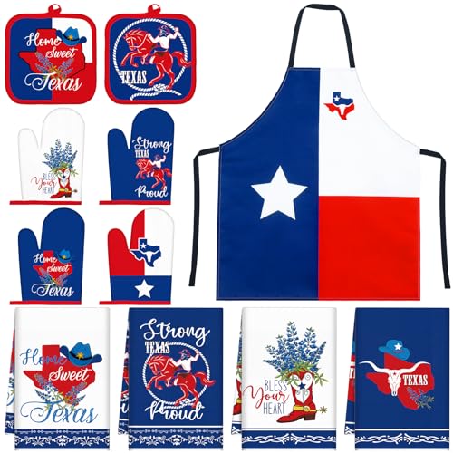 Newcotte 11 Pcs 4th of July Texas Souvenirs Gifts Texas Bluebonnets Kitchen Set Include Red White and Blue Kitchen Towels Apron Oven Mitts Pot Holders for Independence Day Decoration