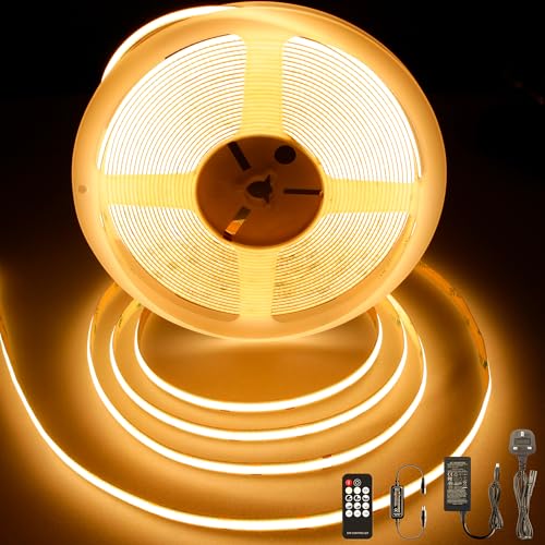 BERIXDEEP COB LED Strip 10m, 384 LEDs/M, High Density Dotless LED Tape with Remote and Power Supply, DC24V, CRI92, 8mm Width, Warm White LED Strip Lights for Wall, Living Room, Skirting Boards 2700K