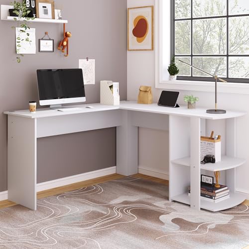 Escritorio Esquinero Con Tablero De Partículas, Diseño En L Con 2 Estantes, Mesa De Ordenador Para Oficina Y Hogar, Escritorio En L Para Trabajo Y Estudio, Color Blanco, 140 x 140 x 75 cm