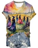 Halloween Witch Party Shirts for Women Casual Fall Midsummer Witches Gather T-Shirt Halloween Witch Novelty Graphic Tees(Medium, As Shown-10)