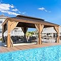 MELLCOM 12' x 20' Hardtop Gazebo, Wood Grain Aluminum Frame Outdoor Gazebo with Galvanized Steel Double Roof, Permanent Metal Pavilion with Curtains and Nettings for Patios, Gardens and Lawns