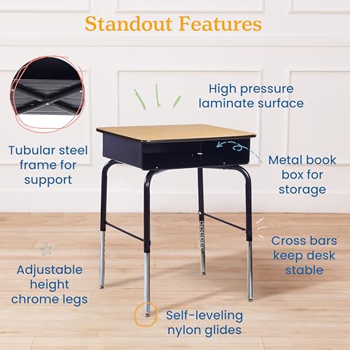 Image of ECR4Kids Open Front Desk with Metal Storage Book Box, Adjustable, Classroom Furniture, Oak