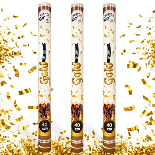 Cañón Confeti Boda, Cañón para fiestas y eventos, Fáciles y Seguros de Usar, Apto para bodas, eventos, celebraciones, Uso interior y Exterior, Diseño Metalizado Dorado, 40 cm, Pack de 3 unidades
