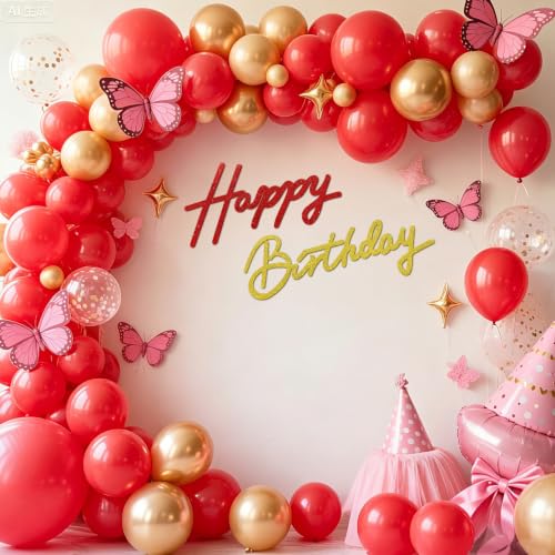 Image of TONIFUL Happy Birthday Sign for Backdrop - Glitter Red Gold Felt Banner - Includes Dot Glue - Perfect for Birthday Party Backdrop,Wall Decr,Balloon Arch,Photo Background